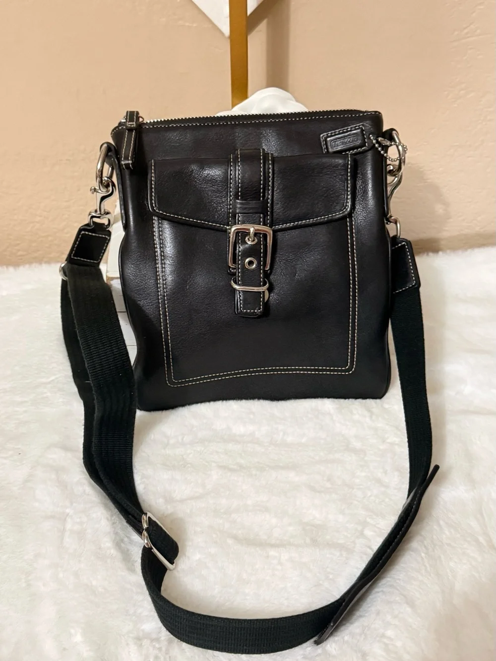 Coach Black Leather Messenger with Front Buckle